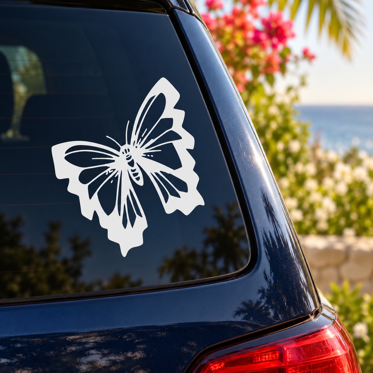 White butterfly vinyl car decal on the rear window of a dark car