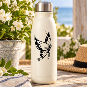 Insulated bottle with black butterfly decal on cream surface
