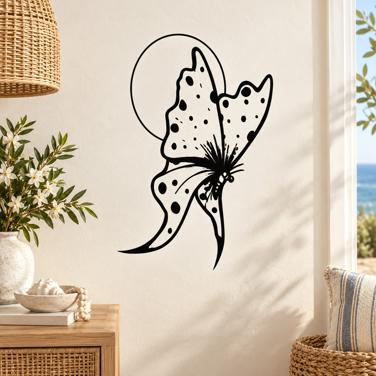 Black butterfly vinyl wall decal with dotted wings and fan-shaped body detail