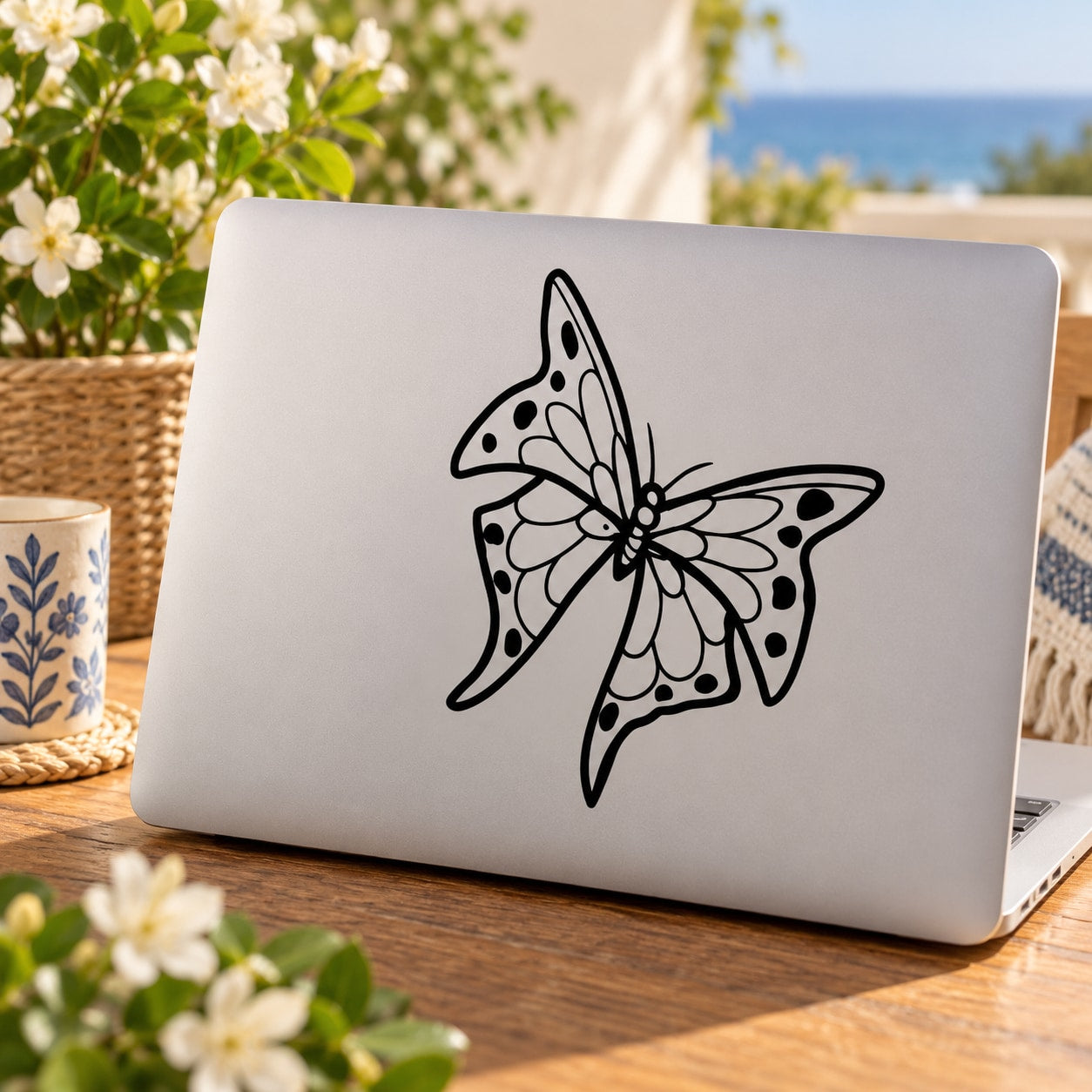 Black butterfly vinyl decal sticker with detailed outline, centered on white background