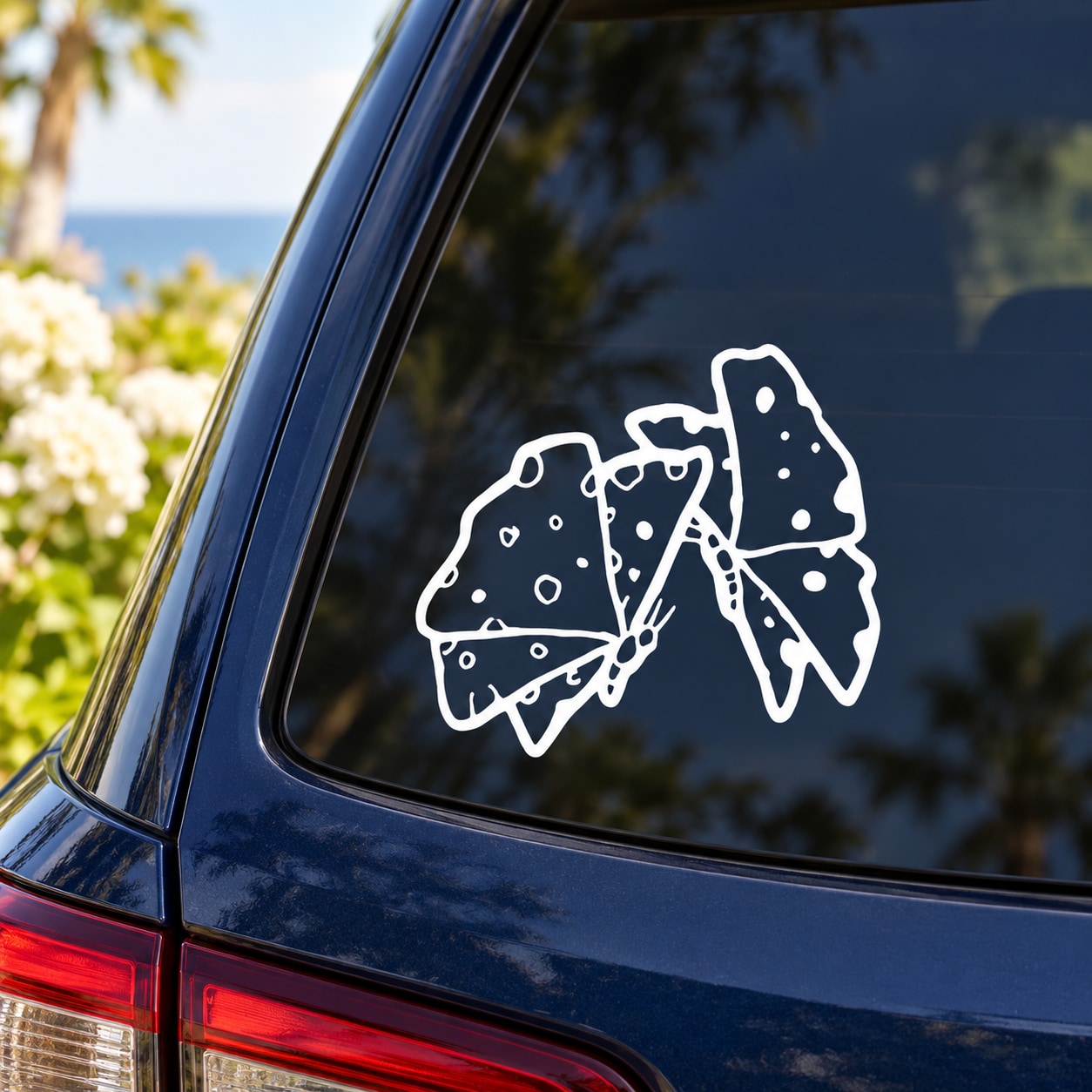 White butterfly vinyl car decal with dotted wings and curled ribbon