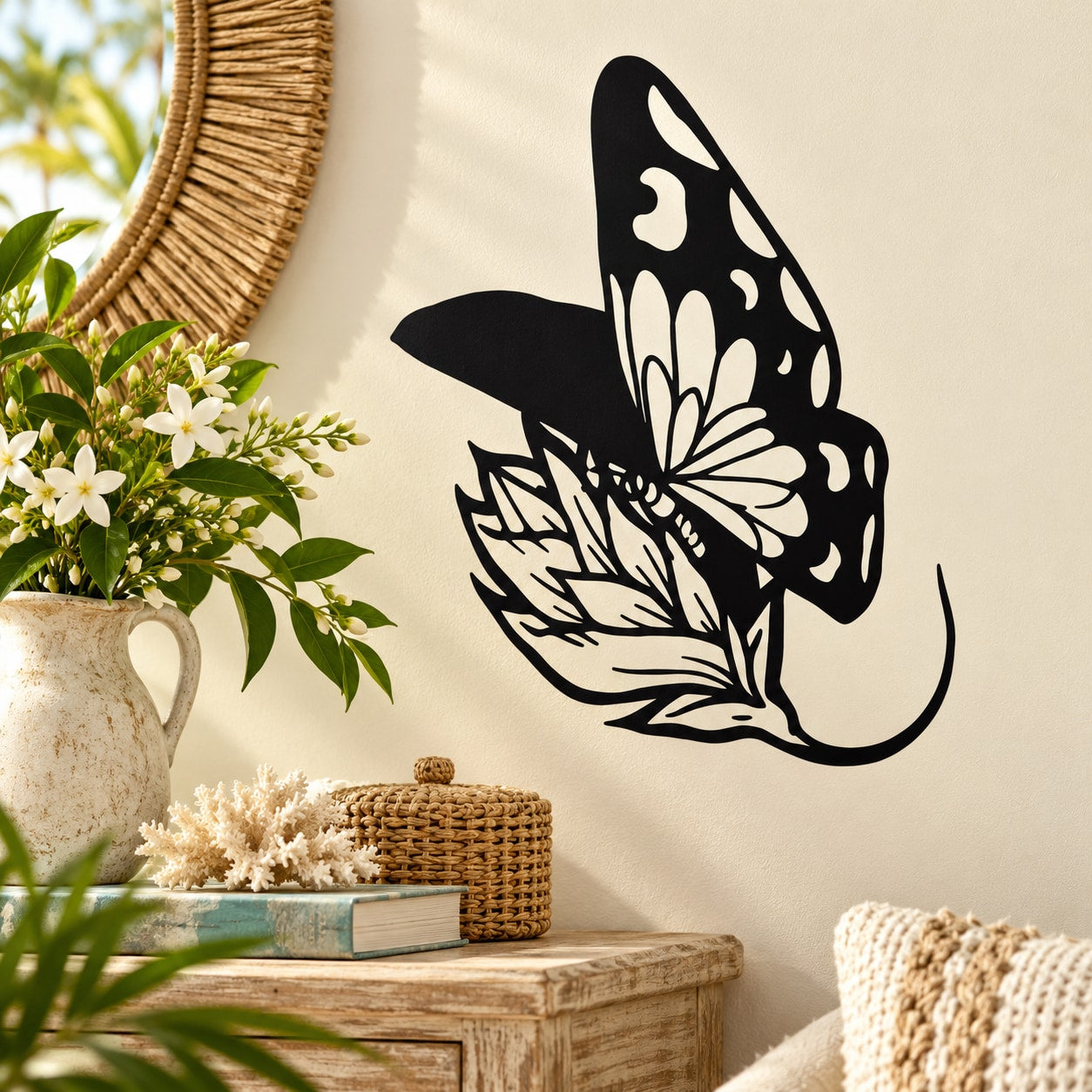 Black butterfly vinyl wall decal with detailed wing and white accents