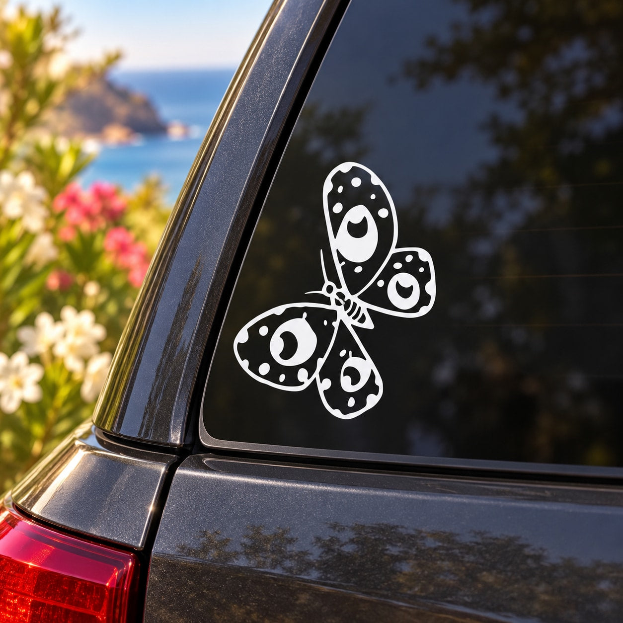 White butterfly vinyl car decal with five-eyed wing details