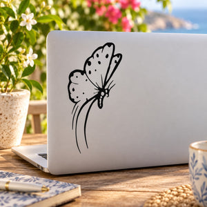 Butterfly vinyl decal, black outlined design with dotted wings and ribbon