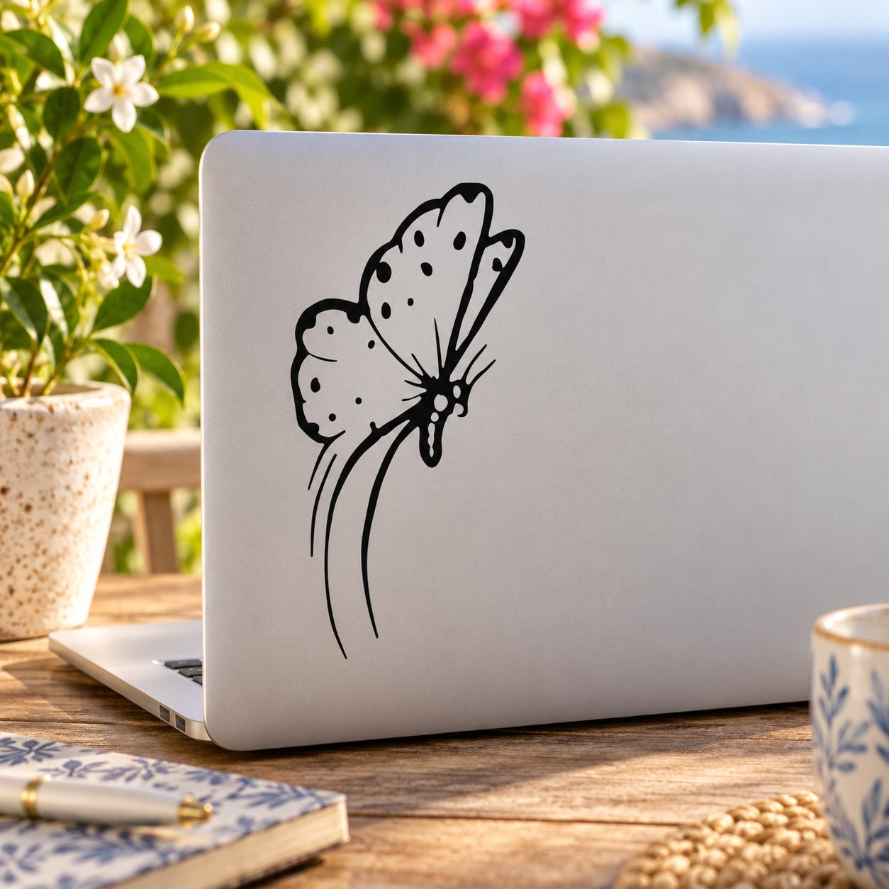 Butterfly vinyl decal, black outlined design with dotted wings and ribbon