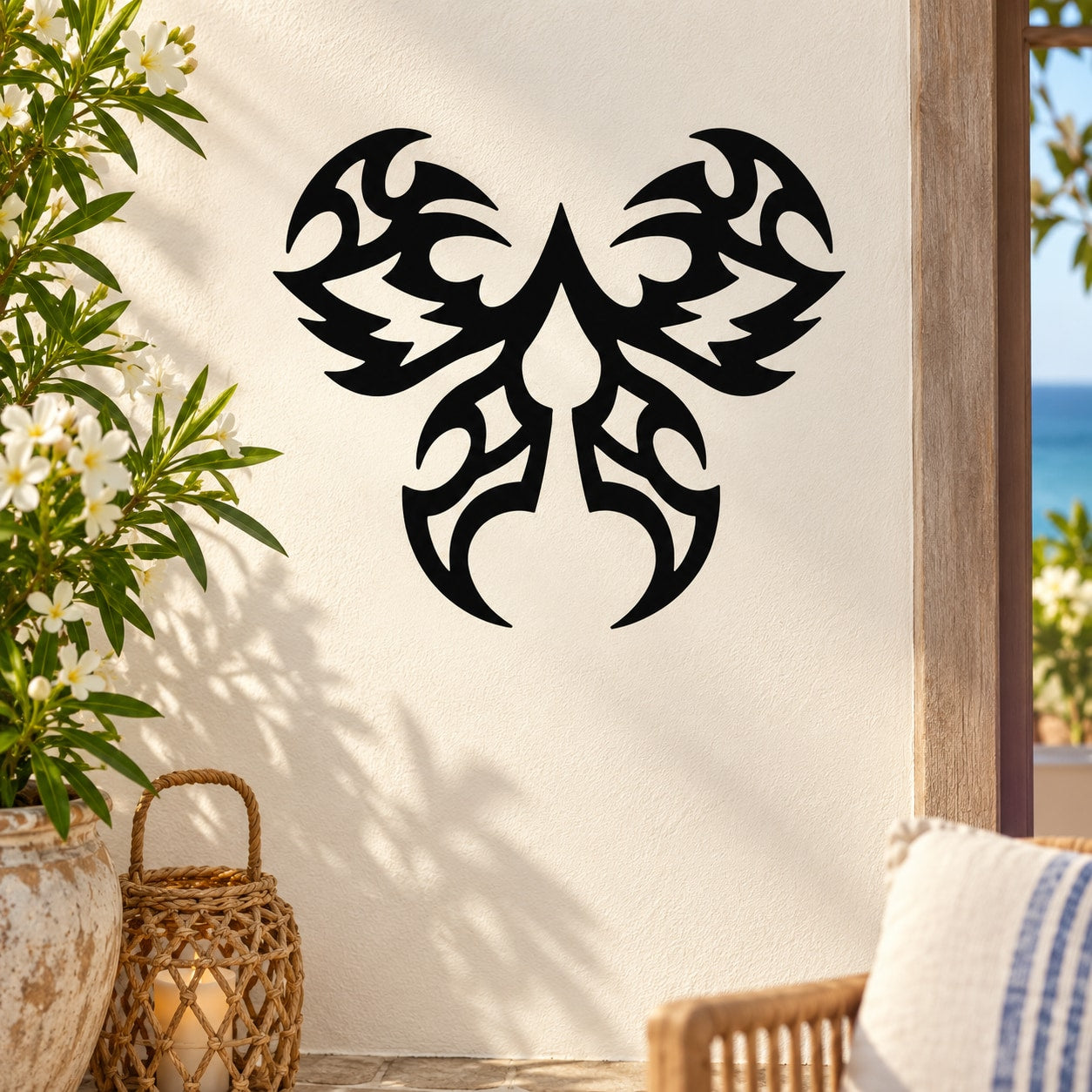 Black butterfly wall decal with symmetrical wings and central body, vinyl sticker