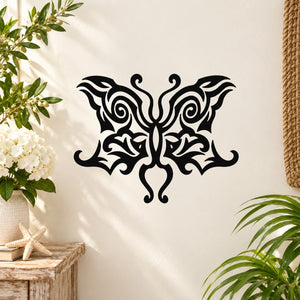 Black butterfly vinyl wall decal with ornate swirl wings