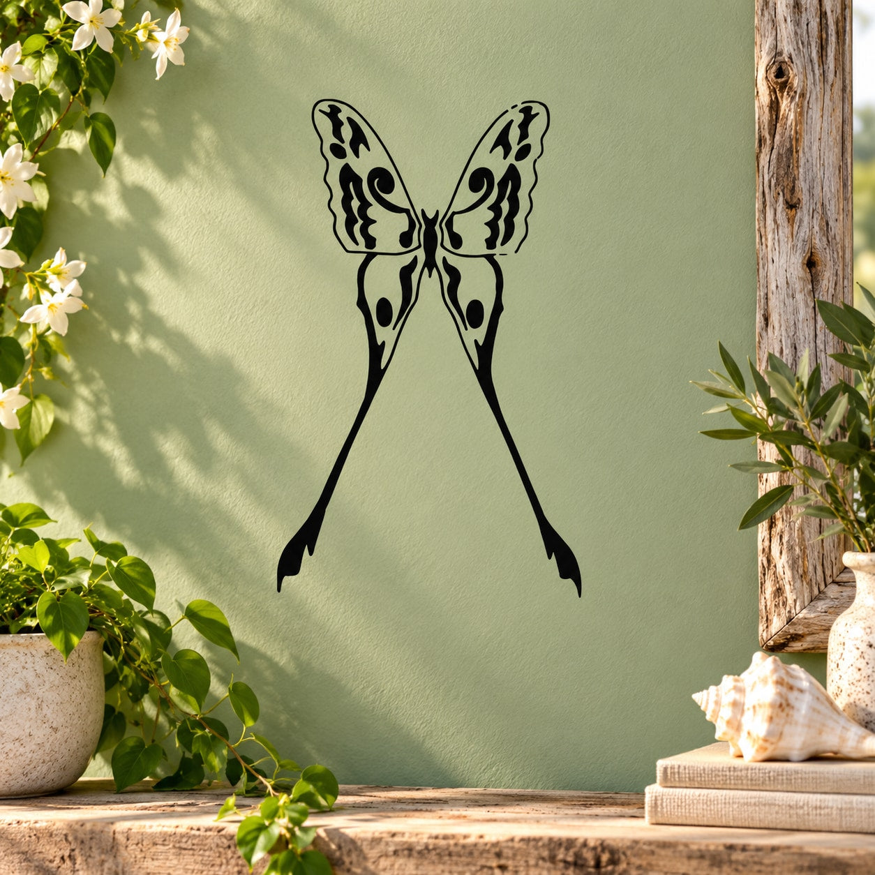 Butterfly wall decal with black mirrored wing silhouettes