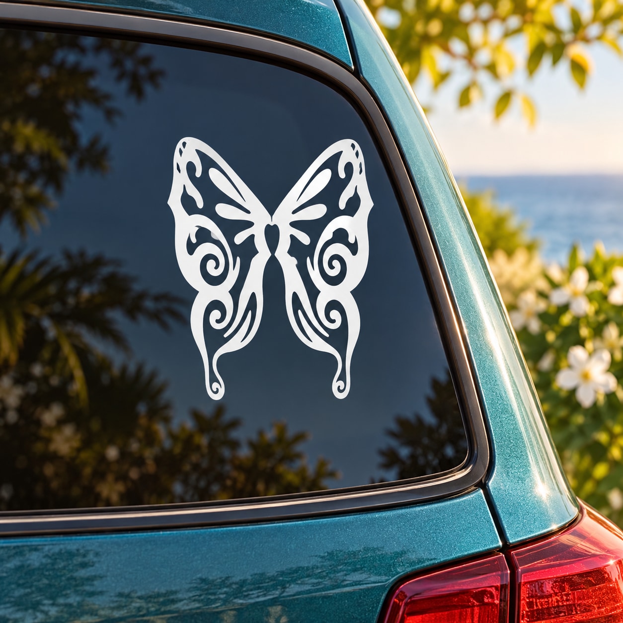 White butterfly vinyl car decal with ornate swirls on a dark window