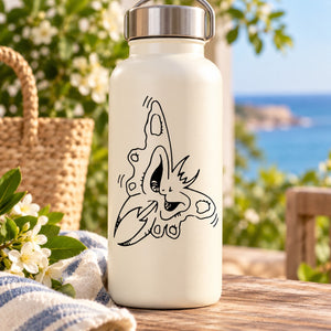 White water bottle with black line-drawn butterfly graphic on the front