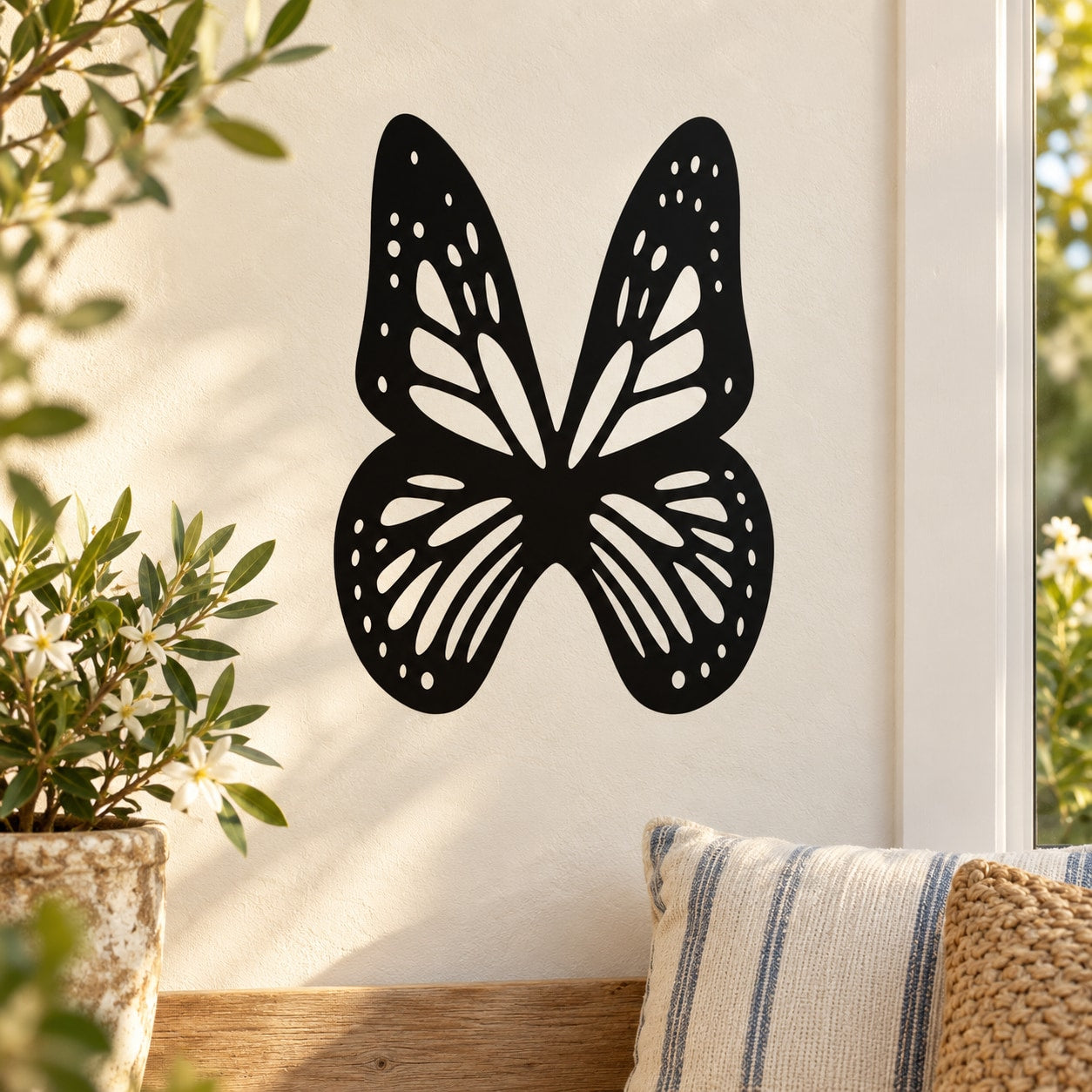 Butterfly vinyl decal, black with white spots and detailed wing patterns