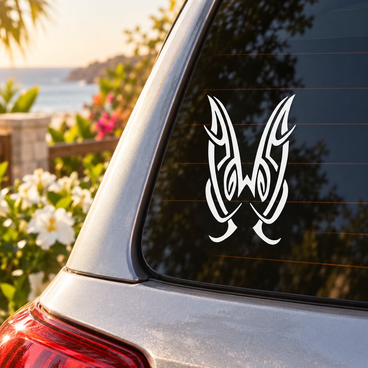White butterfly vinyl decal on dark window glass