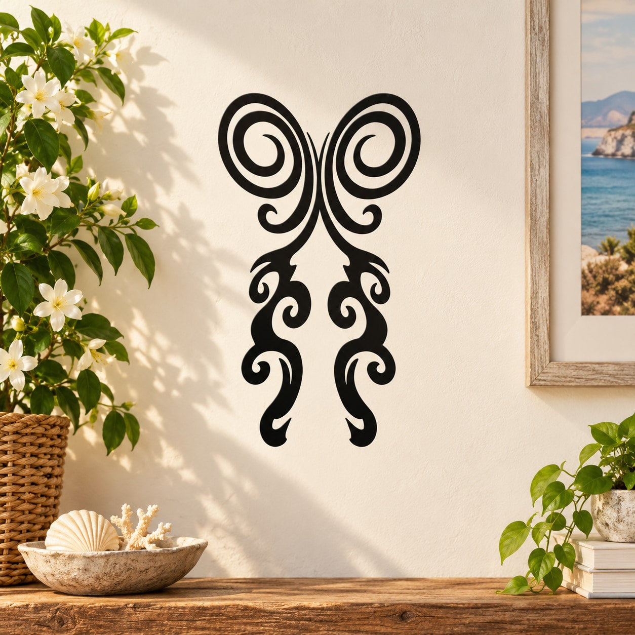 Butterfly vinyl wall decal, black swirled ornament design