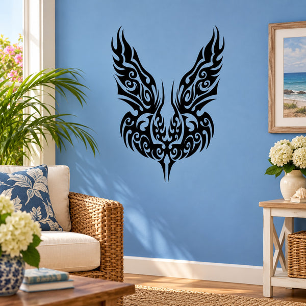 Black butterfly wall decal with ornate tribal wing design, vinyl sticker