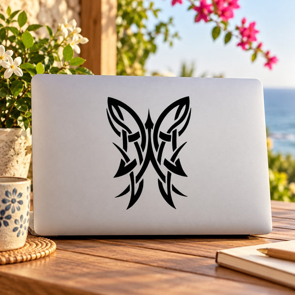 Black tribal butterfly vinyl decal with symmetrical wing design