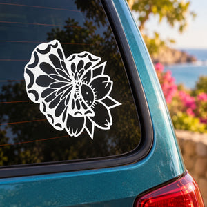 White butterfly vinyl decal for car window with layered floral design