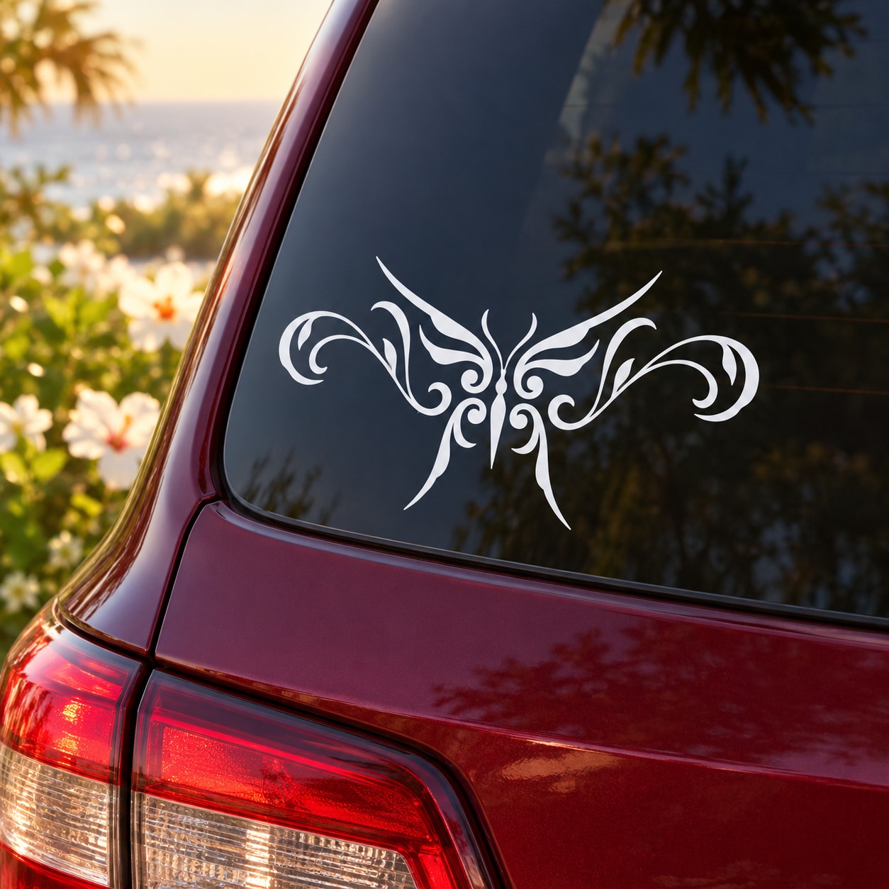 Butterfly vinyl decal for car rear window, white ornamental butterfly sticker