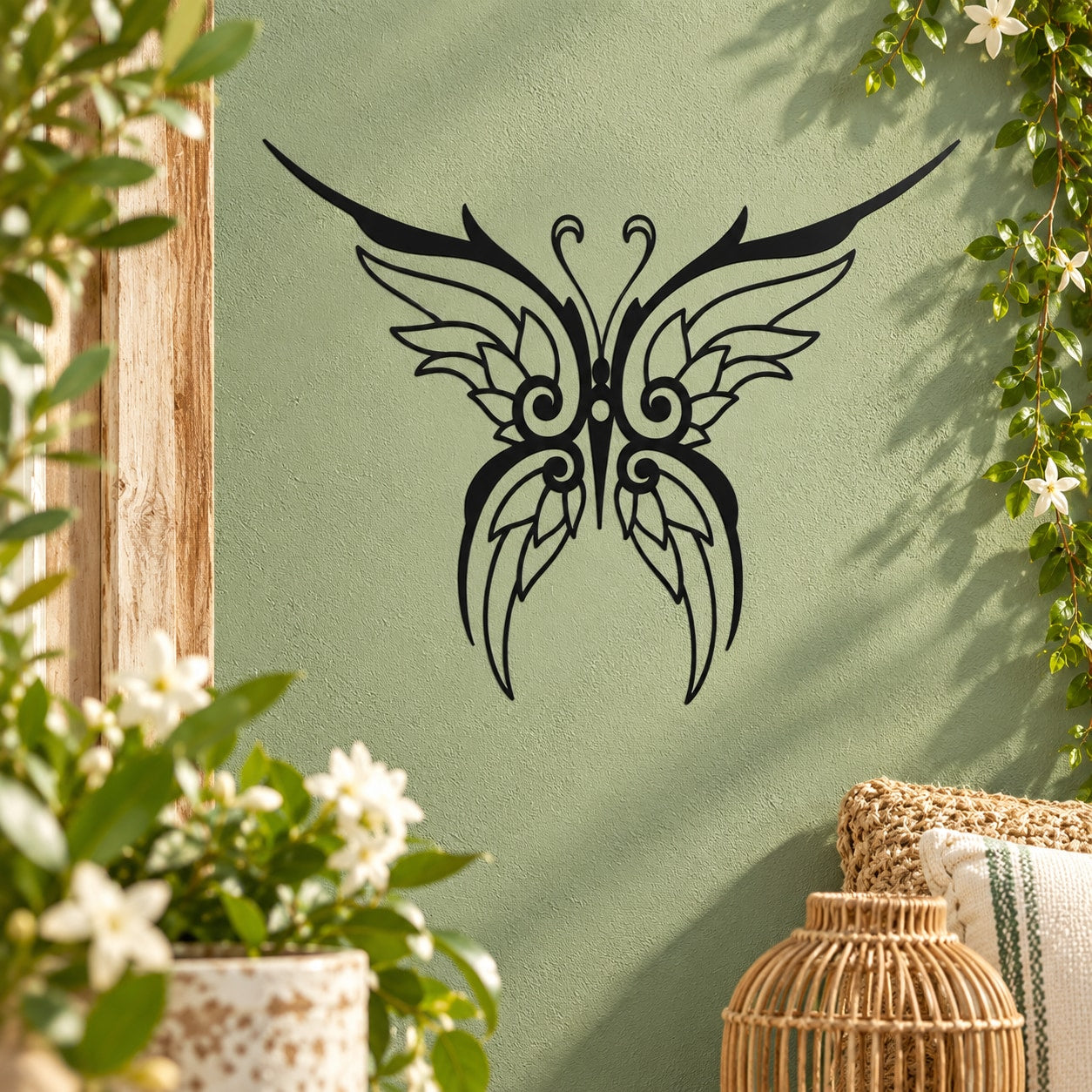 Black butterfly wall decal vinyl with detailed wing outline and decorative center