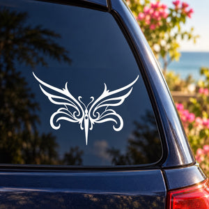 Ornate white butterfly vinyl decal with symmetrical wings and scrollwork