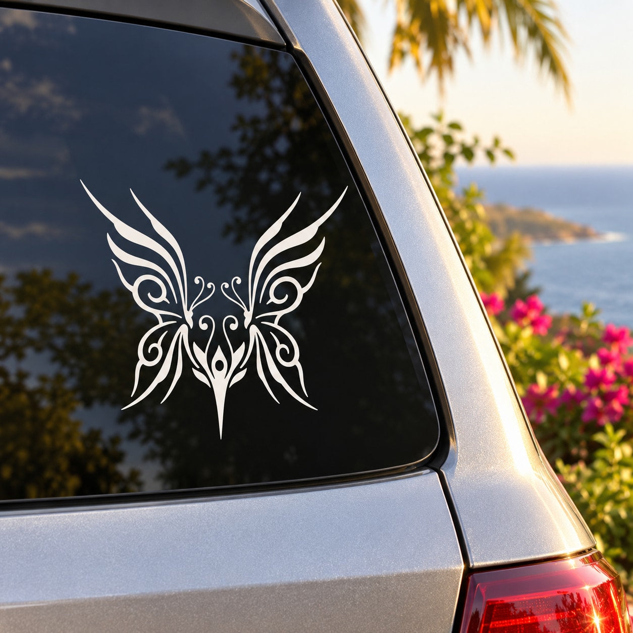 Butterfly vinyl decal sticker for car window, white ornate butterfly wings design