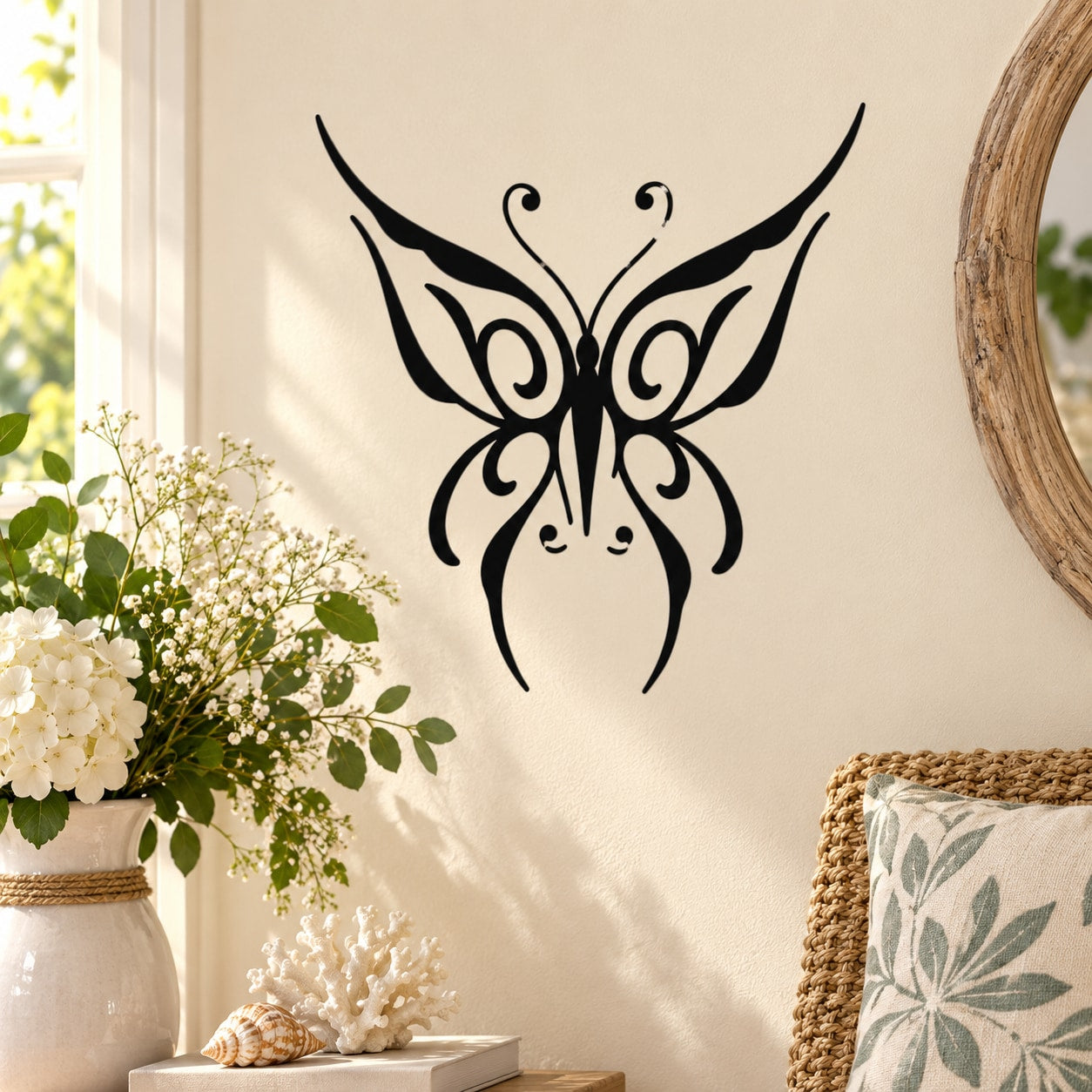 Black butterfly vinyl wall decal with ornate wing design