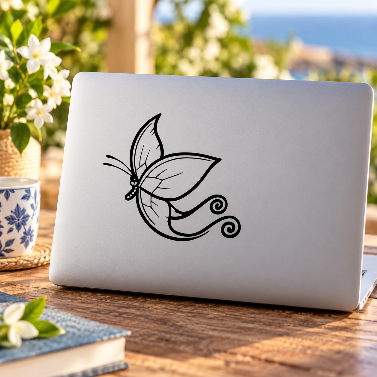 Butterfly vinyl decal with black outline and curled tail on smooth light surface
