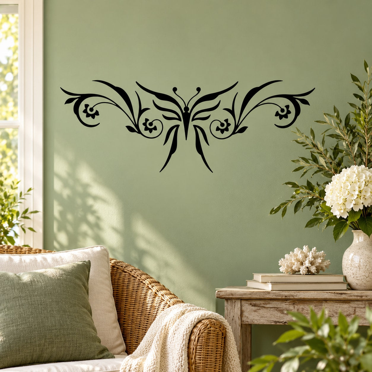 Butterfly vinyl wall decal, ornate black design for decorating walls