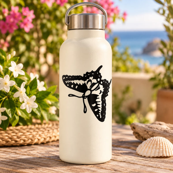 Black butterfly vinyl decal silhouette on a white bottle