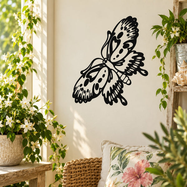 Black butterfly vinyl wall decal with detailed wings, single butterfly sticker