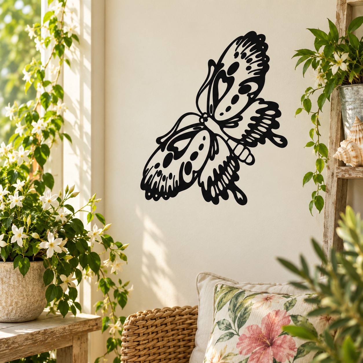 Black butterfly vinyl wall decal with detailed wings, single butterfly sticker