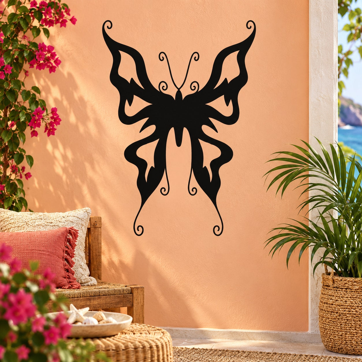 Black butterfly vinyl wall decal with ornate symmetrical wings and curling antennae.