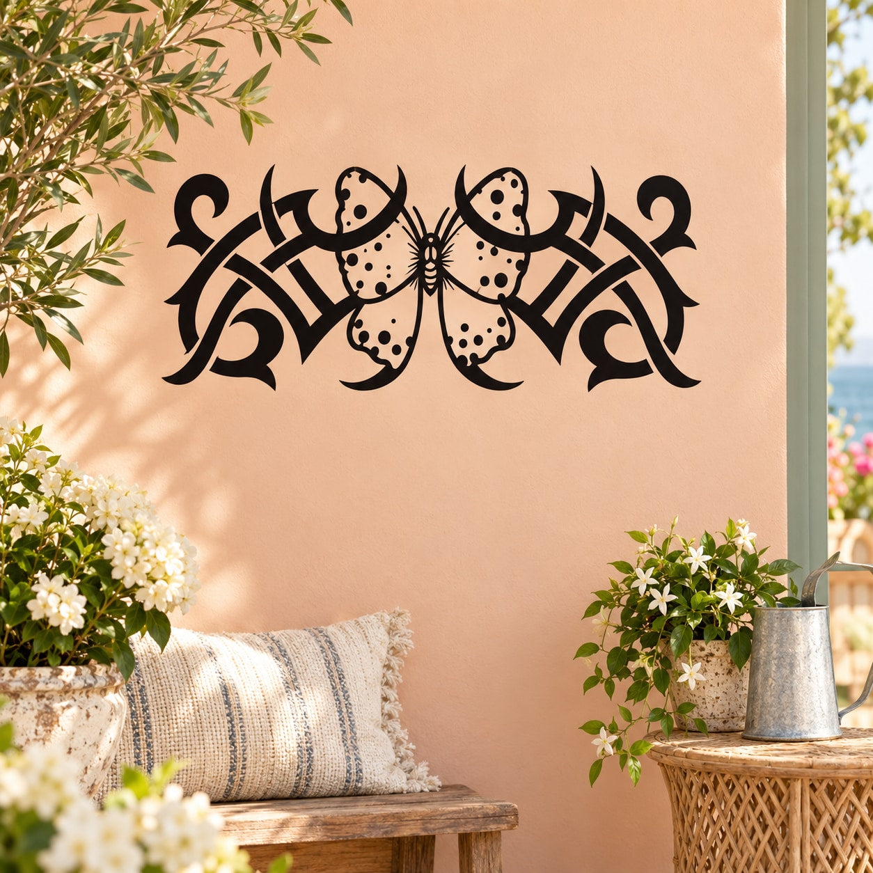 Butterfly wall vinyl decal with black ornamental wing pattern