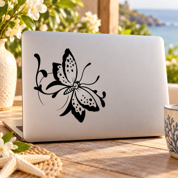 Black butterfly vinyl decal with dotted wings, single sticker