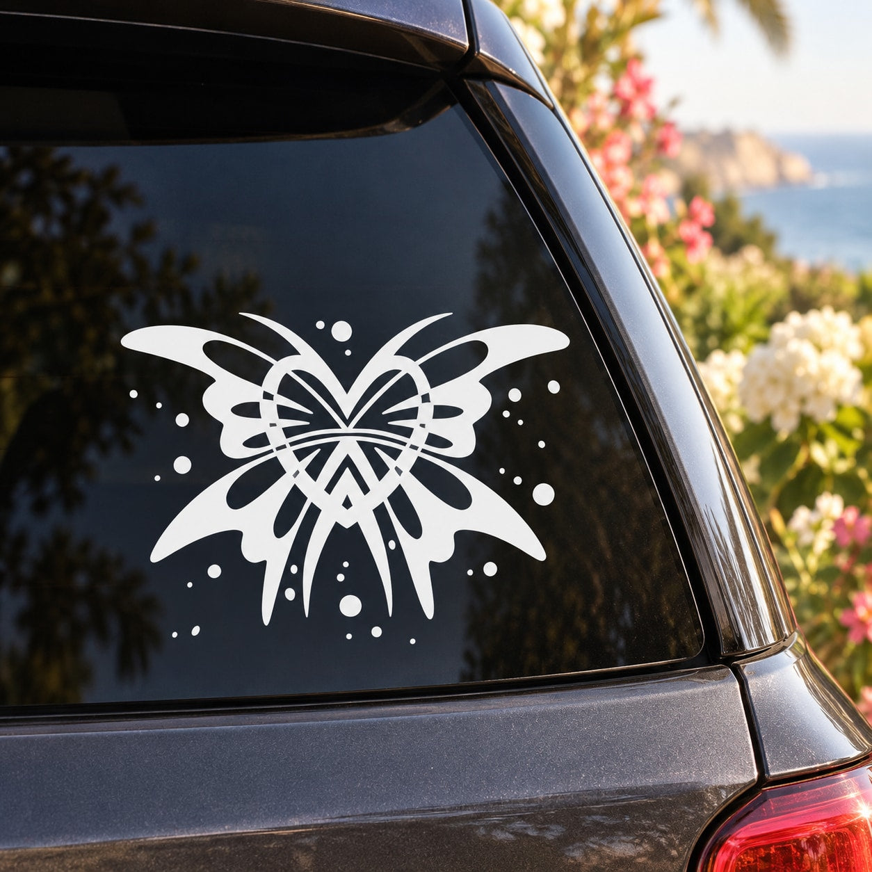 White butterfly vinyl decal with wing-and-line pattern and small dot accents on window