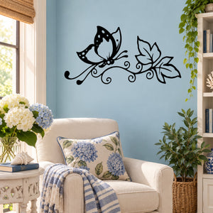 Black butterfly and floral leaf wall decal set, vinyl sticker for walls