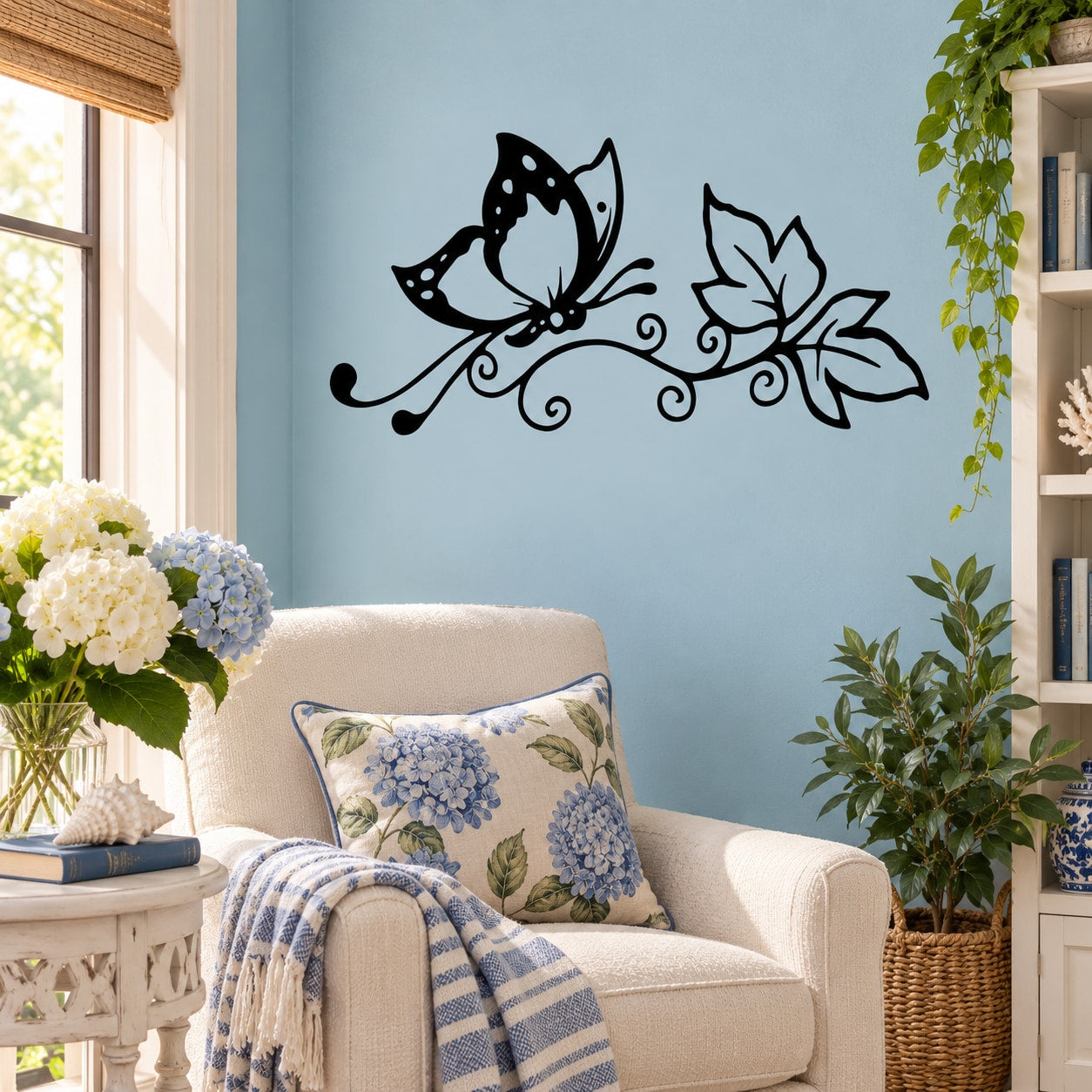Black butterfly and floral leaf wall decal set, vinyl sticker for walls