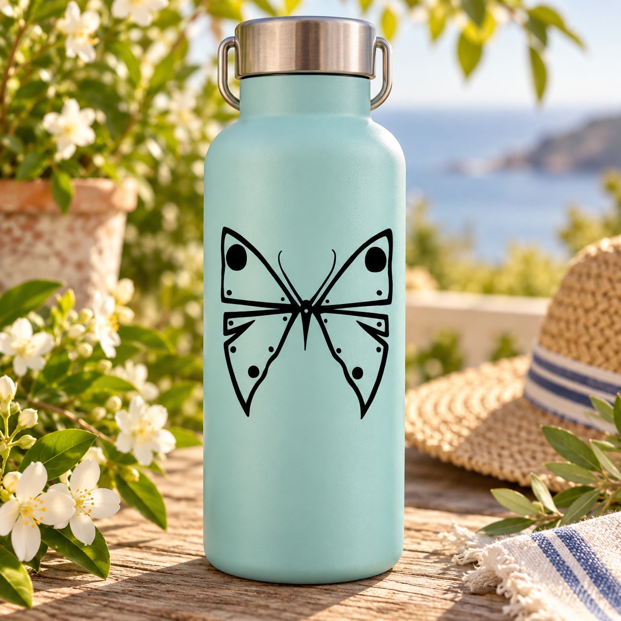 Butterfly vinyl decal with symmetrical bow design on light blue surface