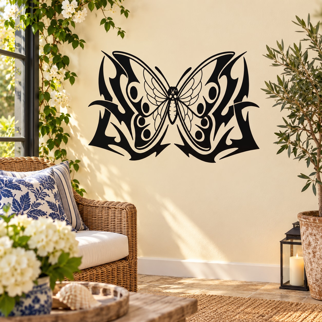 Butterfly wall decal vinyl with black butterfly wings and ornate swirl details