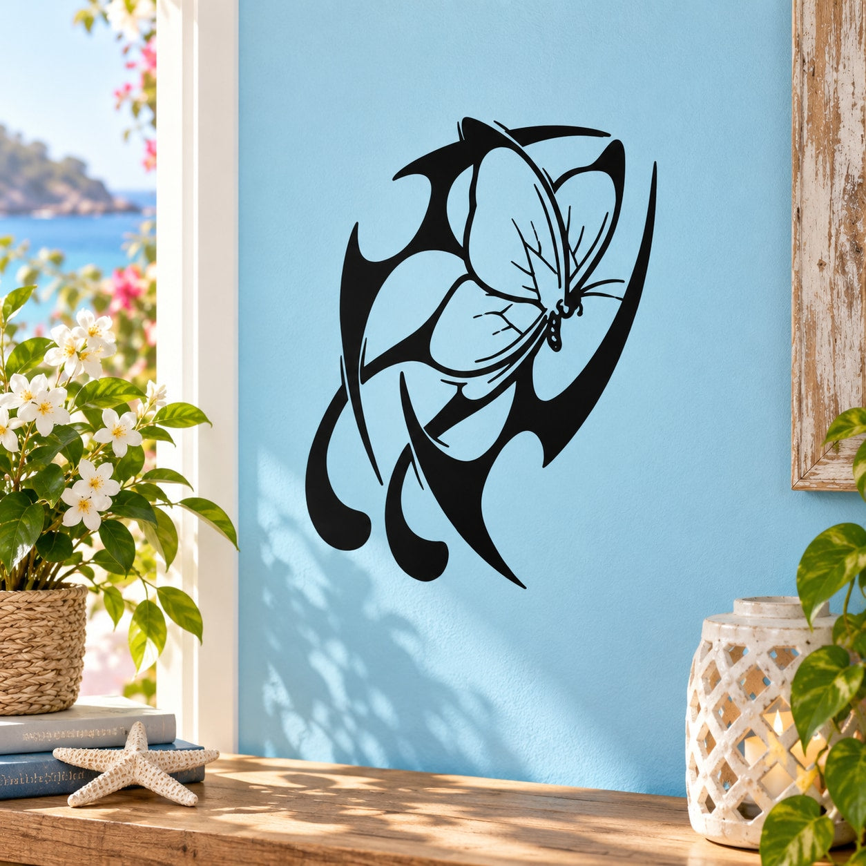 Butterfly vinyl wall decal with black and light blue butterfly design