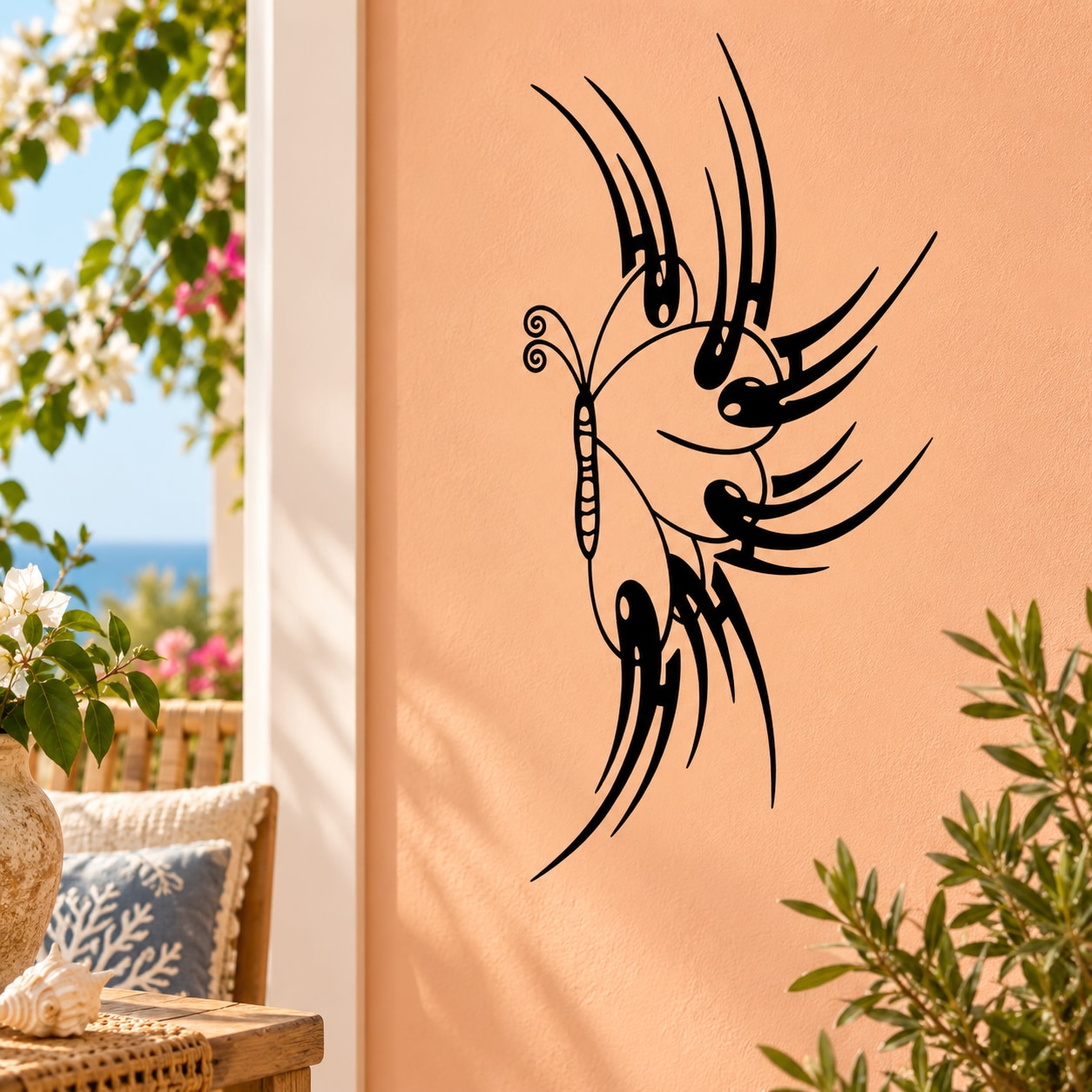 Black stylized butterfly vinyl wall decal with long wing lines and curled antennae
