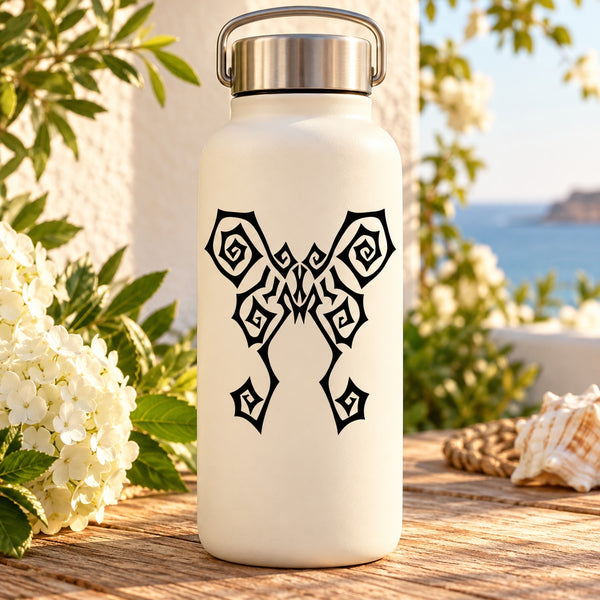 Butterfly vinyl decal with black tribal-style wings and symmetrical swirl details