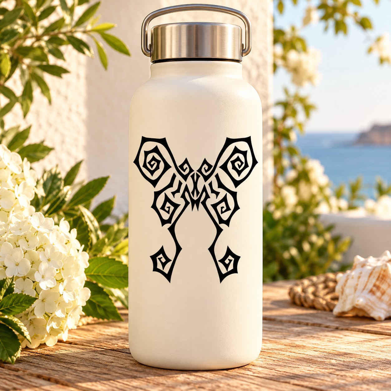 Butterfly vinyl decal with black tribal-style wings and symmetrical swirl details