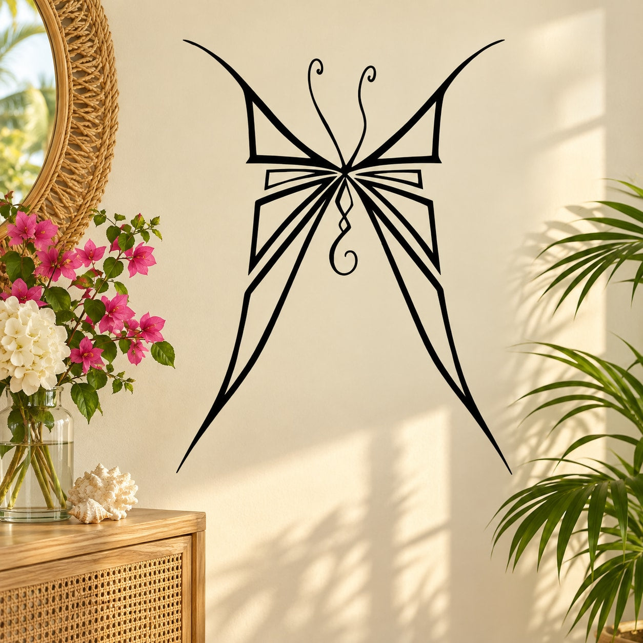 Black outline butterfly wall vinyl decal with detailed wings and center bow