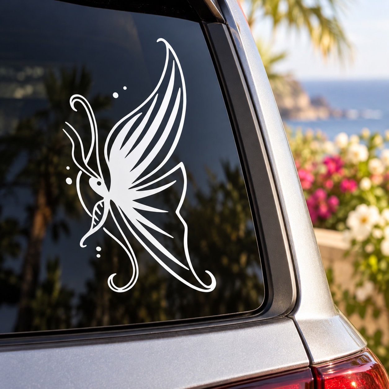 White butterfly vinyl decal on car window