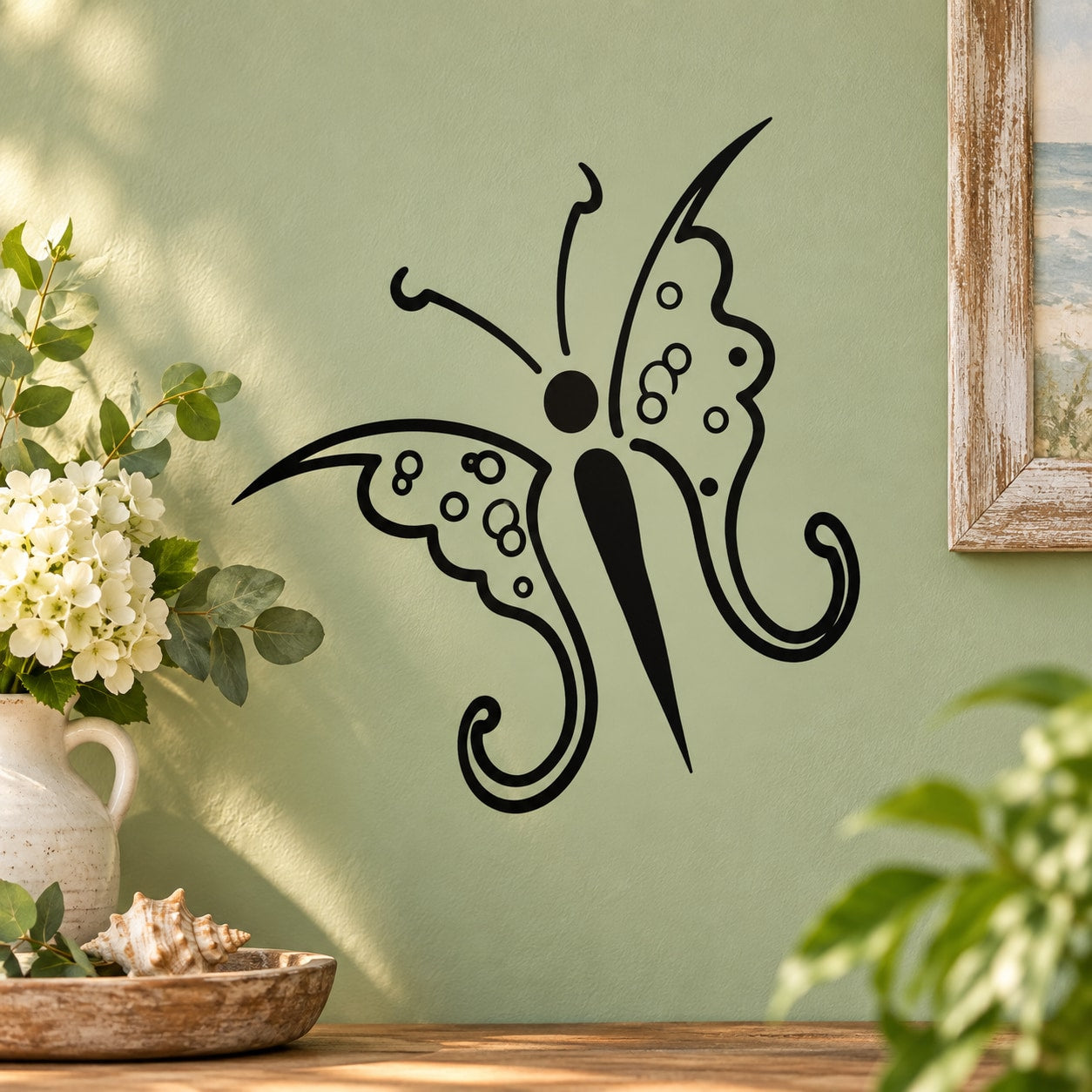 Butterfly wall vinyl decal with black and dotted white wing design