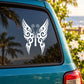 White butterfly vinyl decal on car window glass, symmetrical wing design