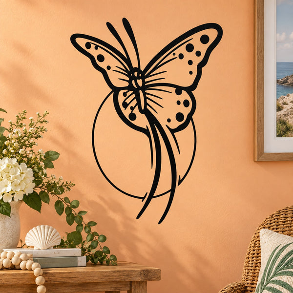 Black butterfly vinyl wall decal with dotted wings and curled antenna