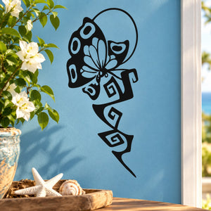 Butterfly vinyl decal with blue wings and black outline, spiral antenna design