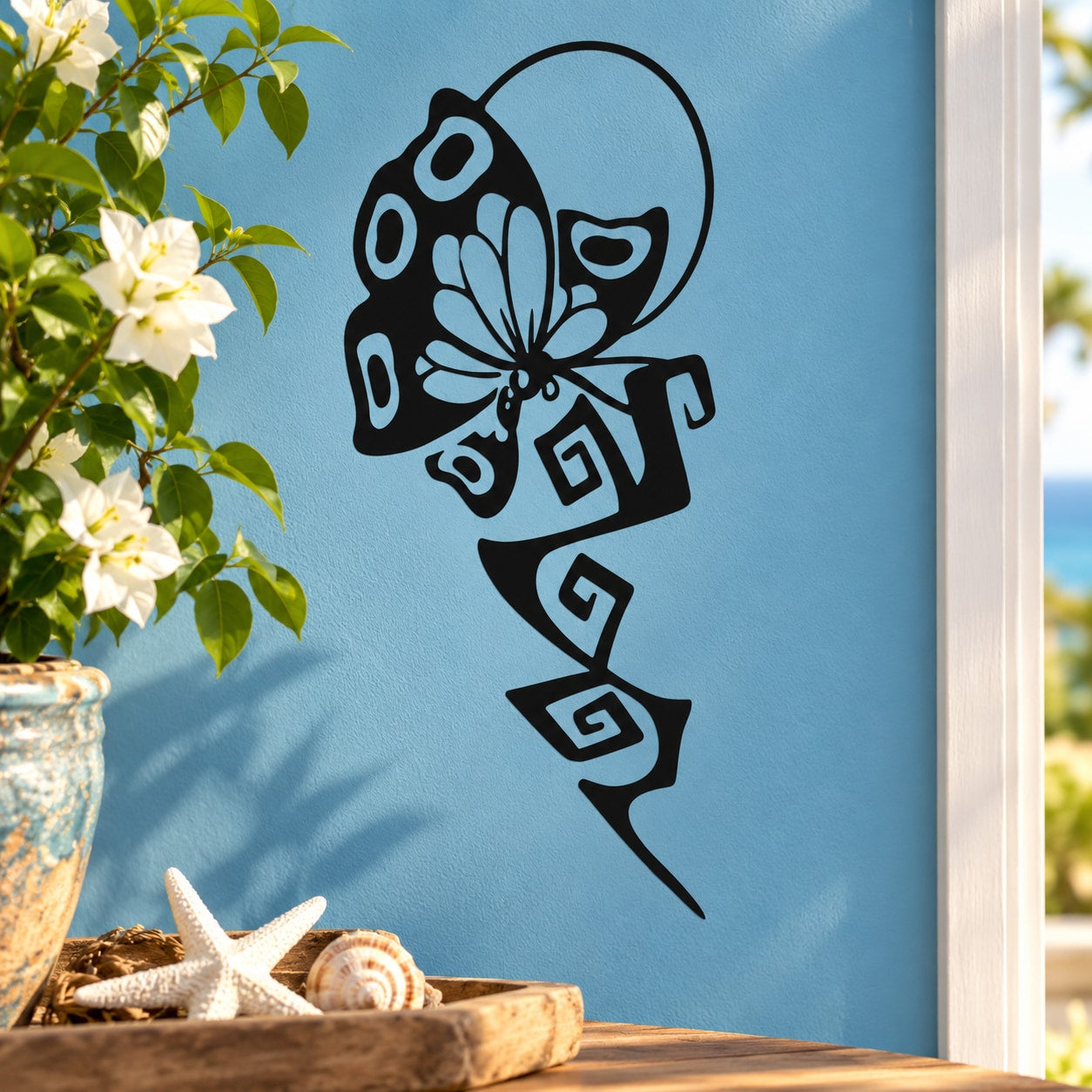 Butterfly vinyl decal with blue wings and black outline, spiral antenna design