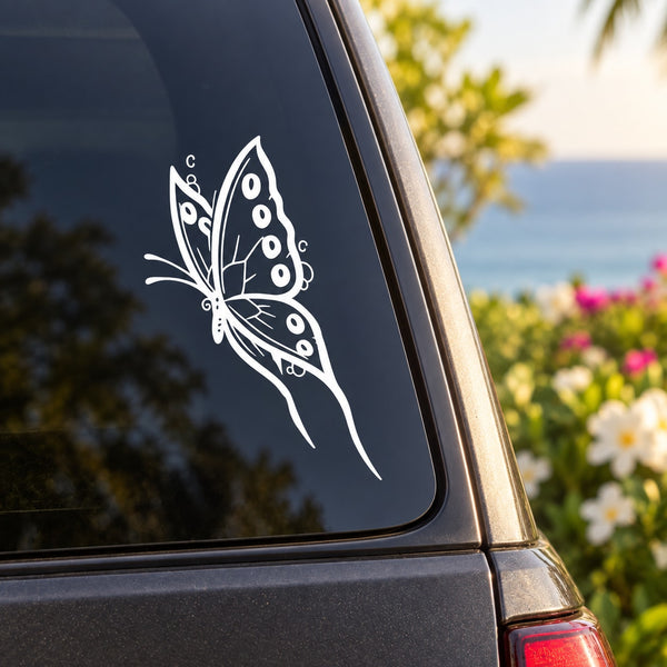 Butterfly vinyl car decal, white outline butterfly with ornate details on dark car panel